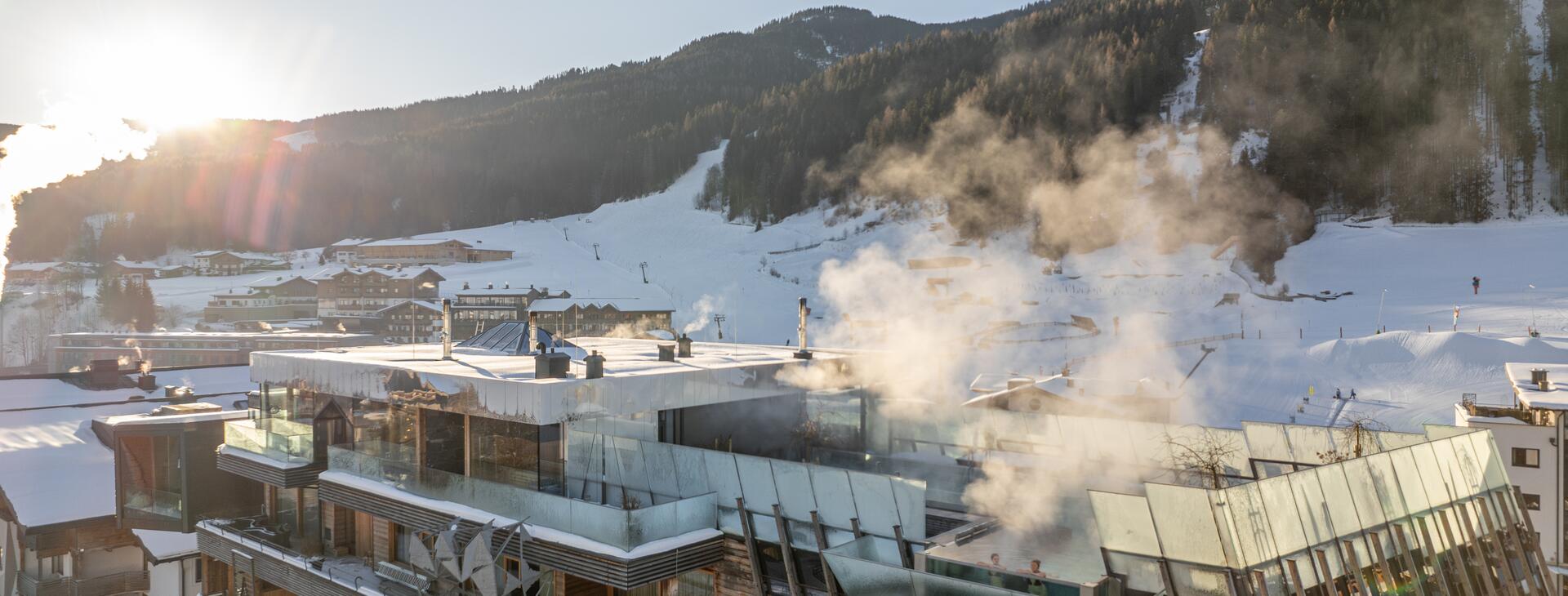Aerial view hotel in snow