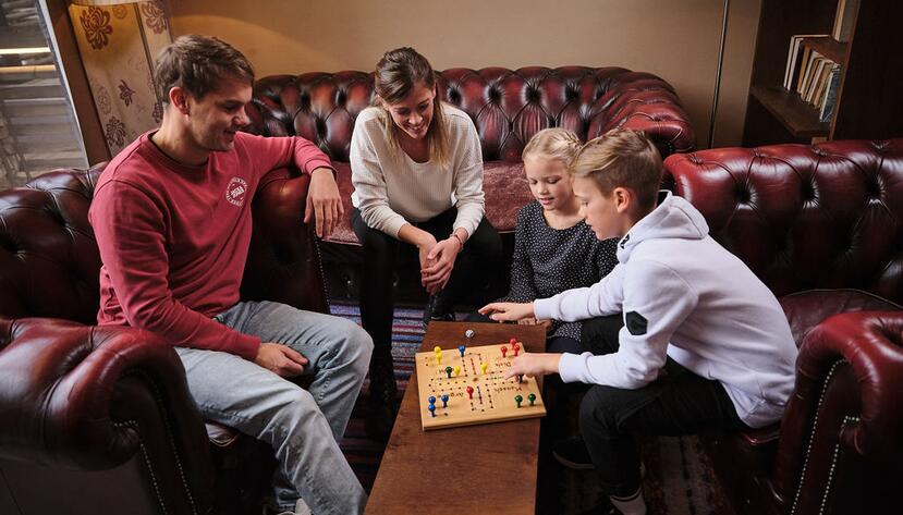 family in the hotel lobby