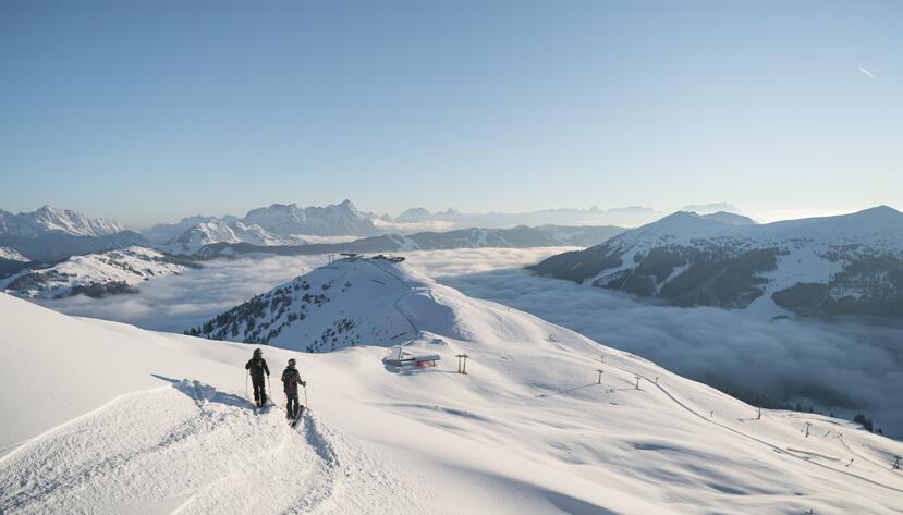 Two skiers standing in deep snow far above the slopes